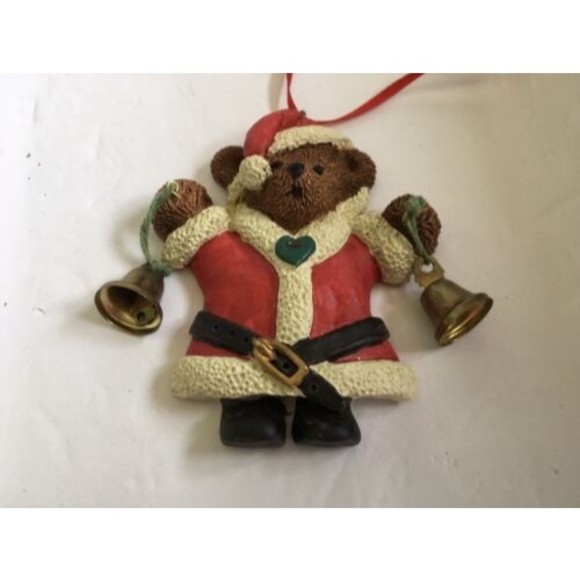 Teddy Bear Ornament Kurt Adler Resin Dressed as Santa Holding Bells - Picture 3 of 3